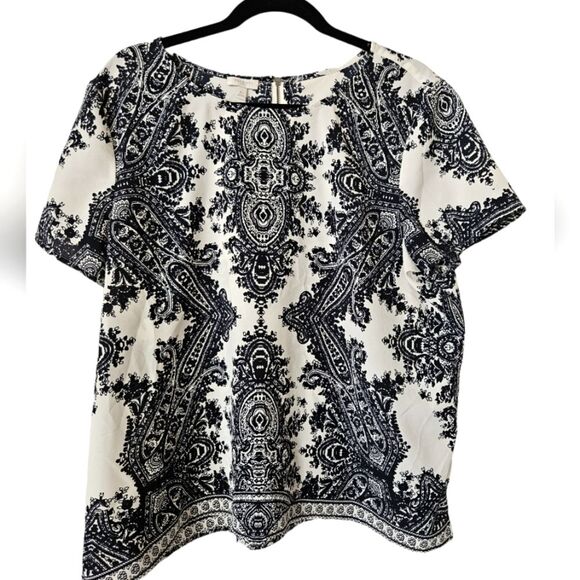 Talbots Abstract Geometric Print Navy Blue& Beige Short Sleeve Blouse Size XL - Picture 1 of 5